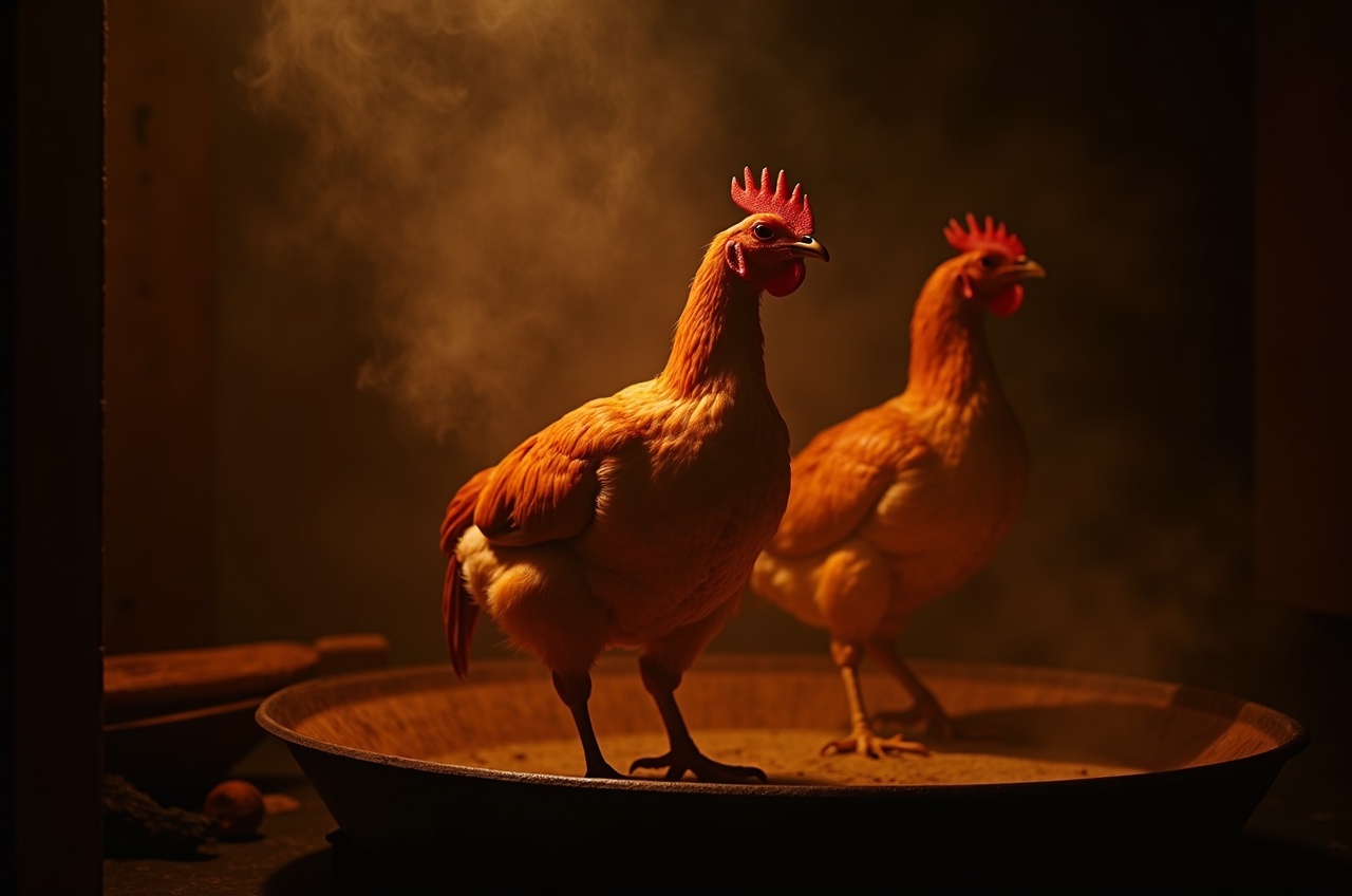 Pollo entero girando en un asador de leña, brasas encendidas debajo, humo leve subiendo