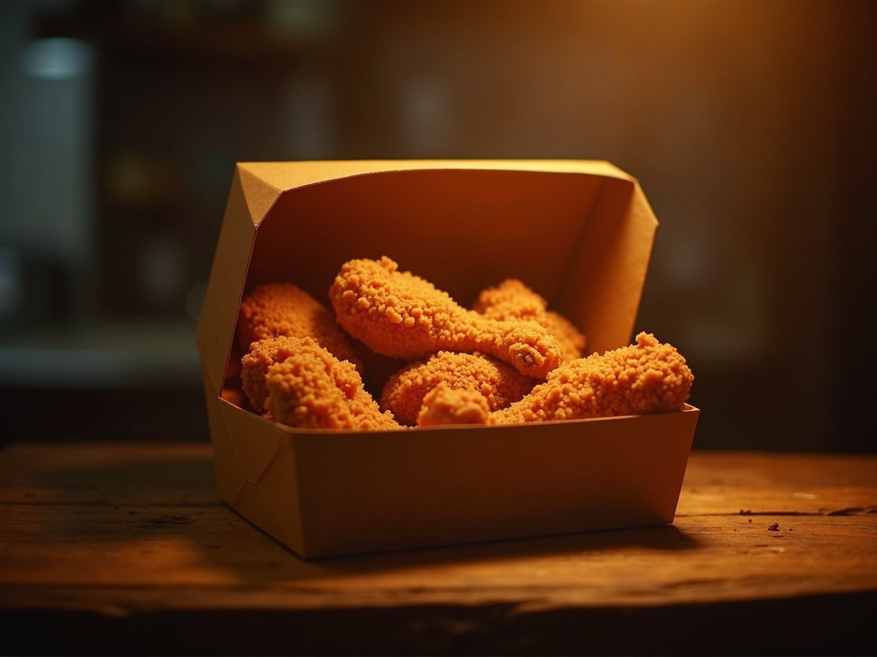 Caja de cartón abierta con pollo asado entero, lista para llevar